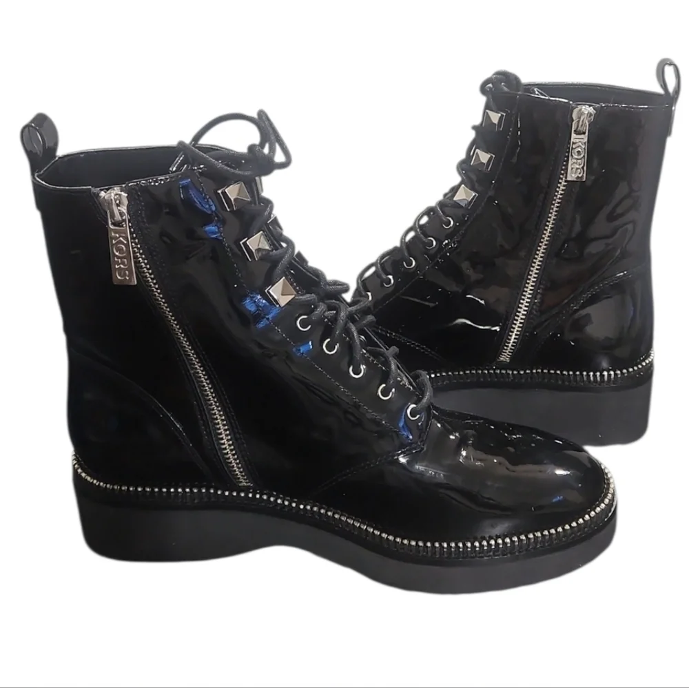 NWT Michael Kors Haskell Black Patent Leather Combat Boots Zipper Trim 8.5